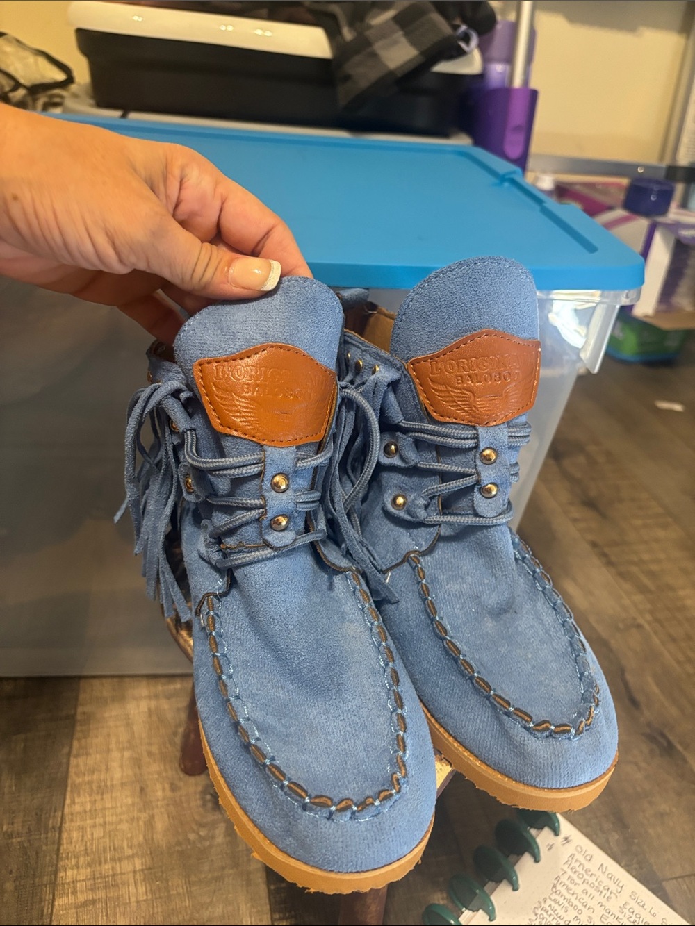 Minnetonka Blue Suede Fringe Lace-Up Moccasins with Tan Patch